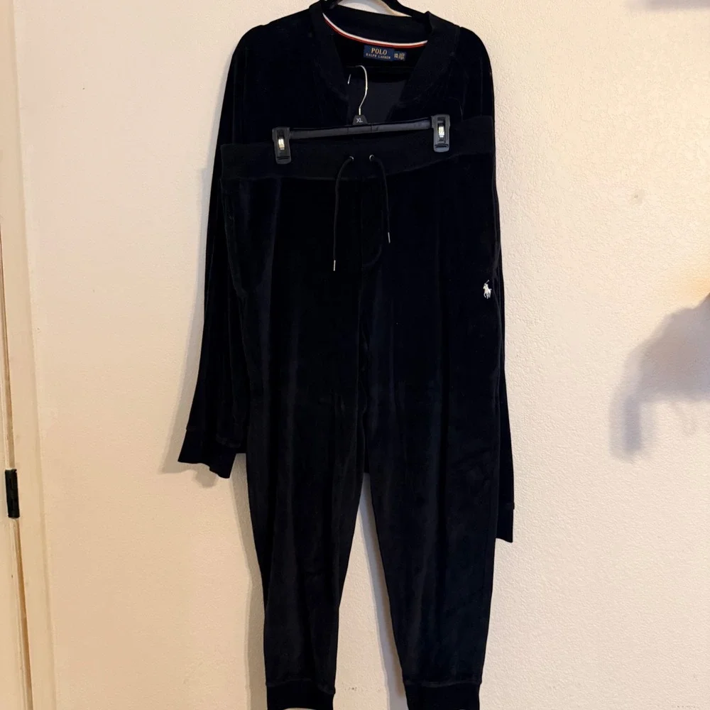 Polo Ralph Lauren Mens Velour Tracksuit Set Black Zip Jacket Joggers XXL